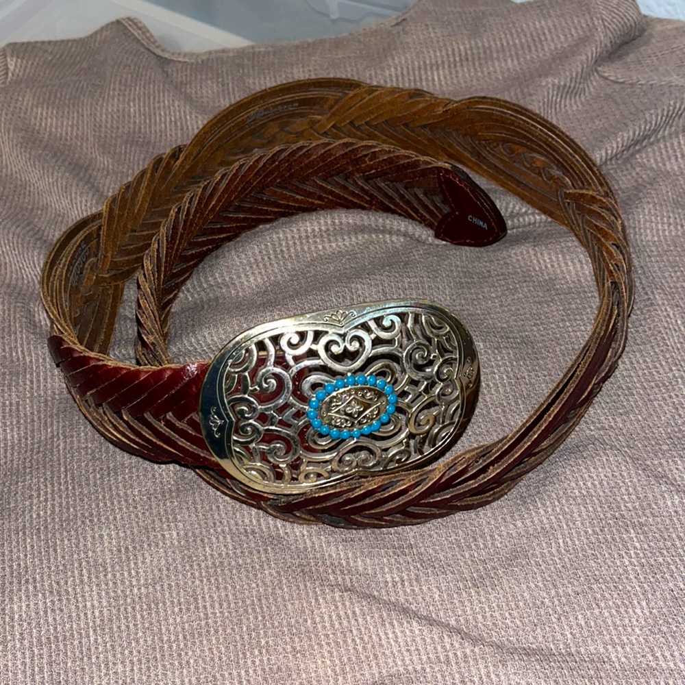Brighton • large buckle woven leather belt. One Size